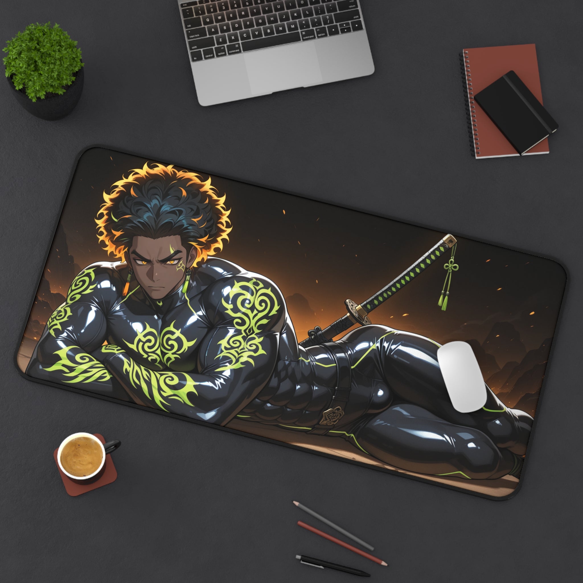 Desk setup with a large mouse pad featuring an anime character design.