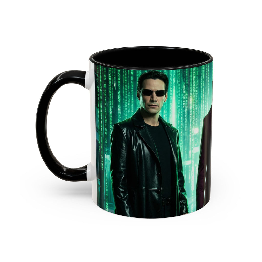 Mug with a design of a person in a leather jacket and sunglasses, inspired by the Matrix movie, on a white background.