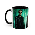 Mug with a design of a person in a leather jacket and sunglasses, inspired by the Matrix movie, on a white background.