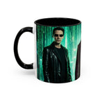 Mug with a design of a person in a leather jacket and sunglasses, inspired by the Matrix movie, on a white background.