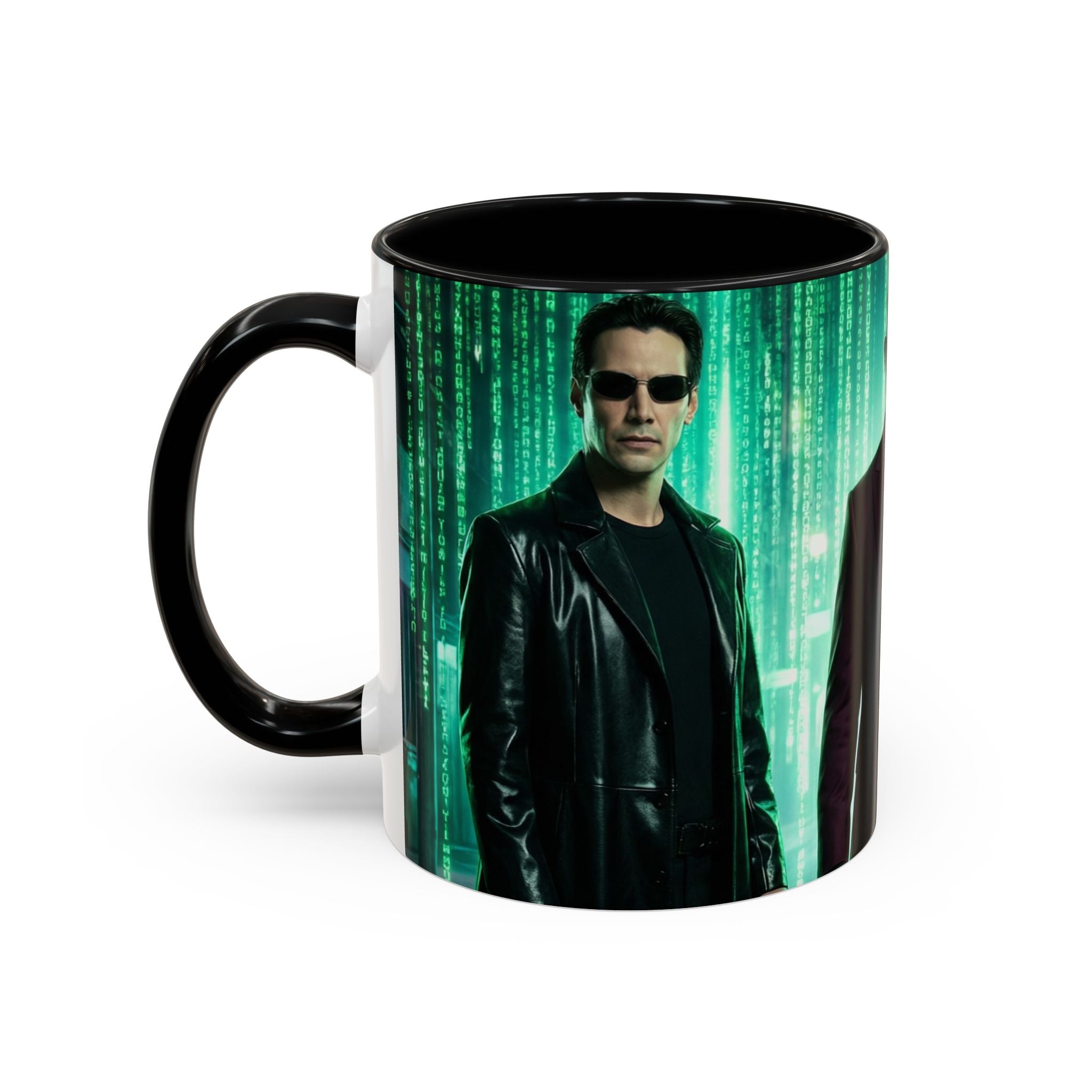 Mug with a design of a person in a leather jacket and sunglasses, inspired by the Matrix movie, on a white background.