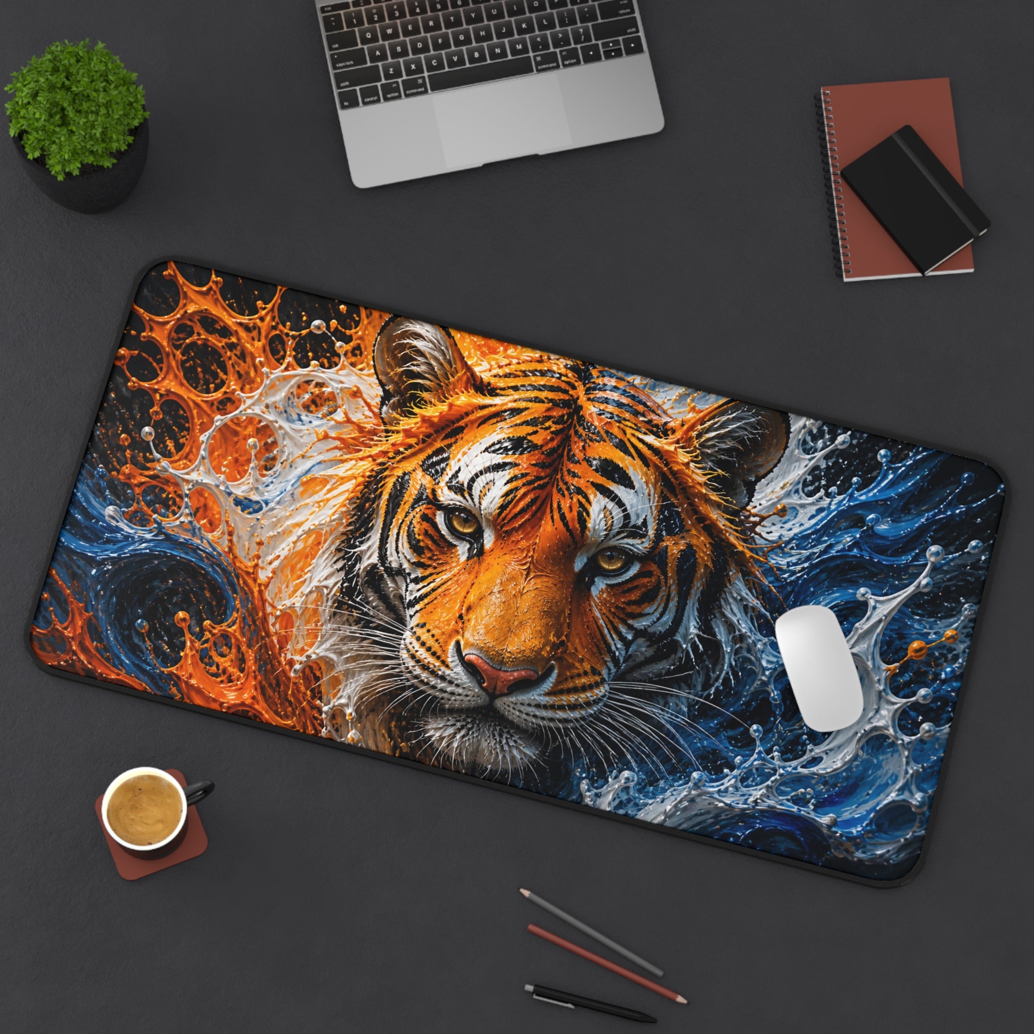 Tiger Fire & Water Desk Mat — Vibrant Animal Print Mouse Pad for Home and Office