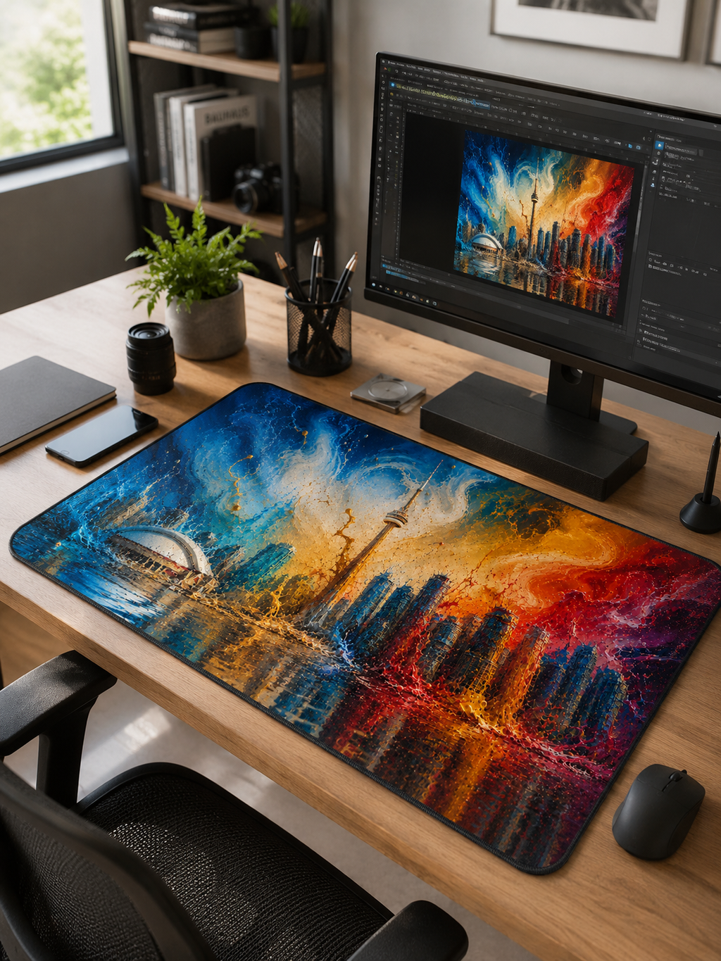 Toronto Skyline Desk Mat — Colorful Abstract CN Tower Office Mouse Pad