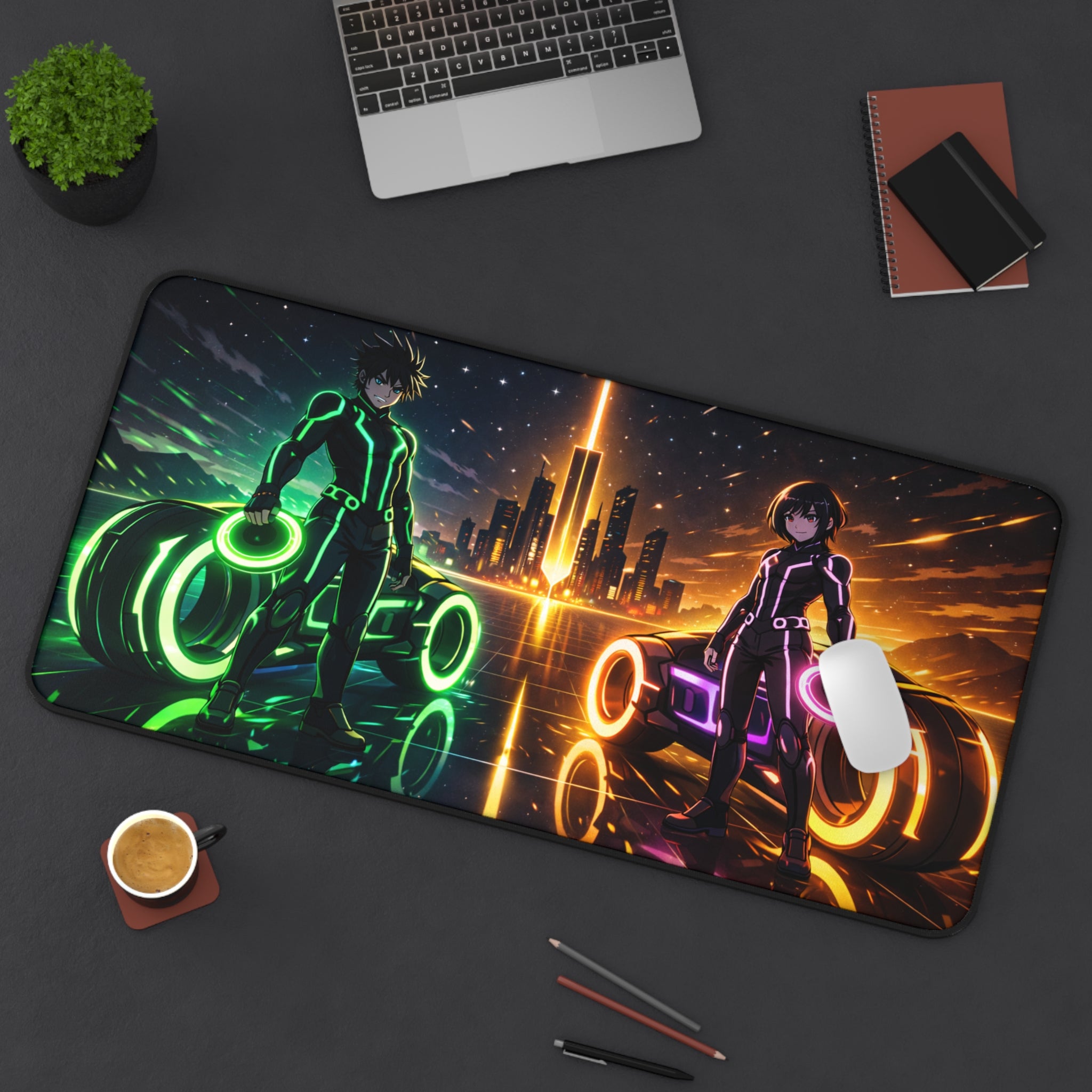 Gaming mouse pad with anime-style design on a desk with laptop and office items.