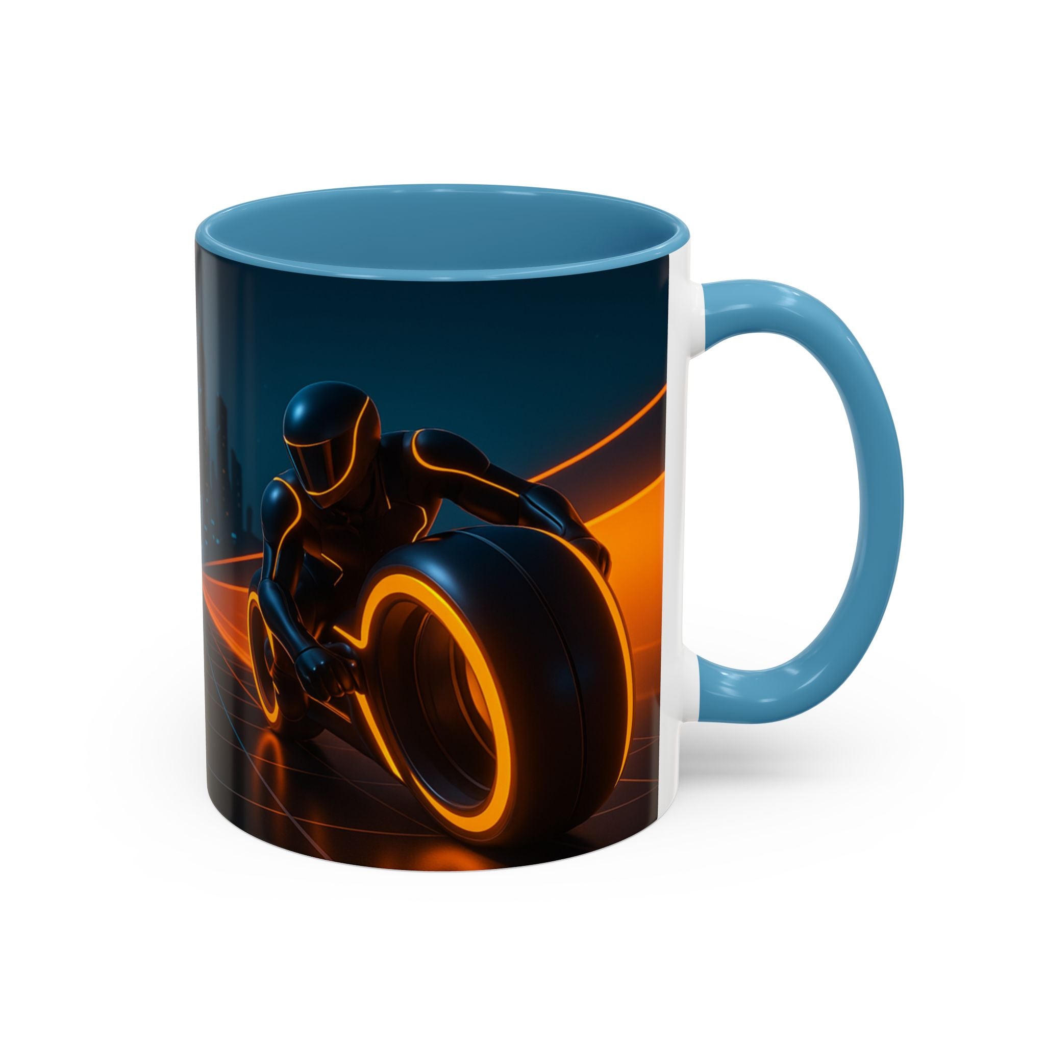 Mug with a graphic of a motorcycle and rider on a blue background