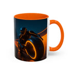 Mug with a graphic of a person on a motorcycle against an orange and blue background