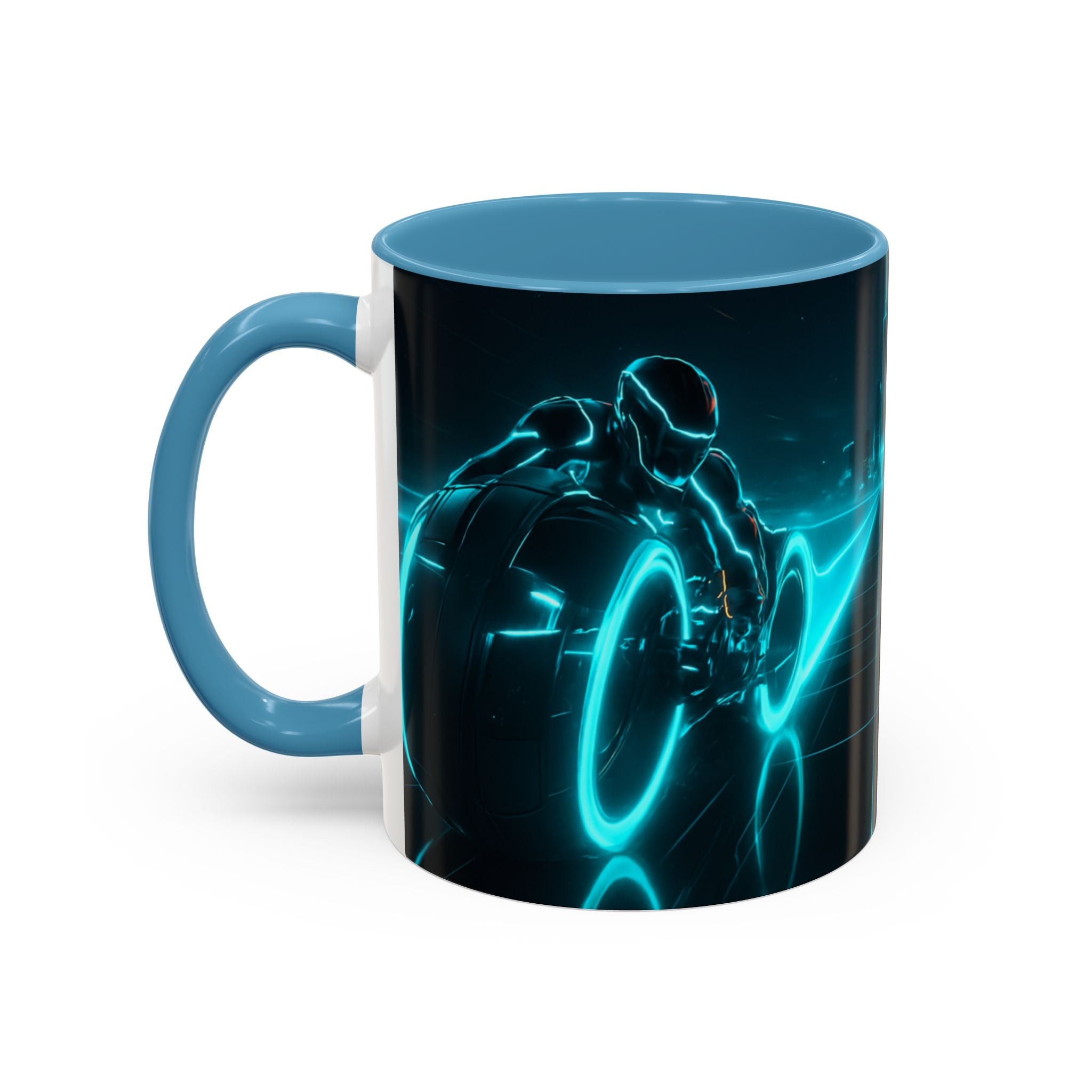 Mug with a graphic of a person on a motorcycle with glowing blue lines, set against a dark background.