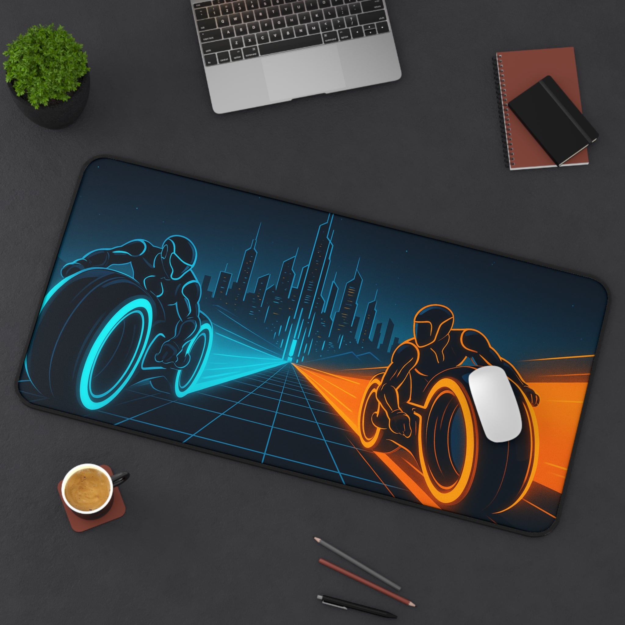 Mouse pad with futuristic design of two characters on motorcycles, placed on a desk with a laptop and other items.