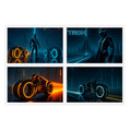 Four panels from a 'TRON' themed design with silhouettes and neon lights.