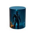 Mug with a futuristic design of a figure in a suit with glowing elements on a blue background.