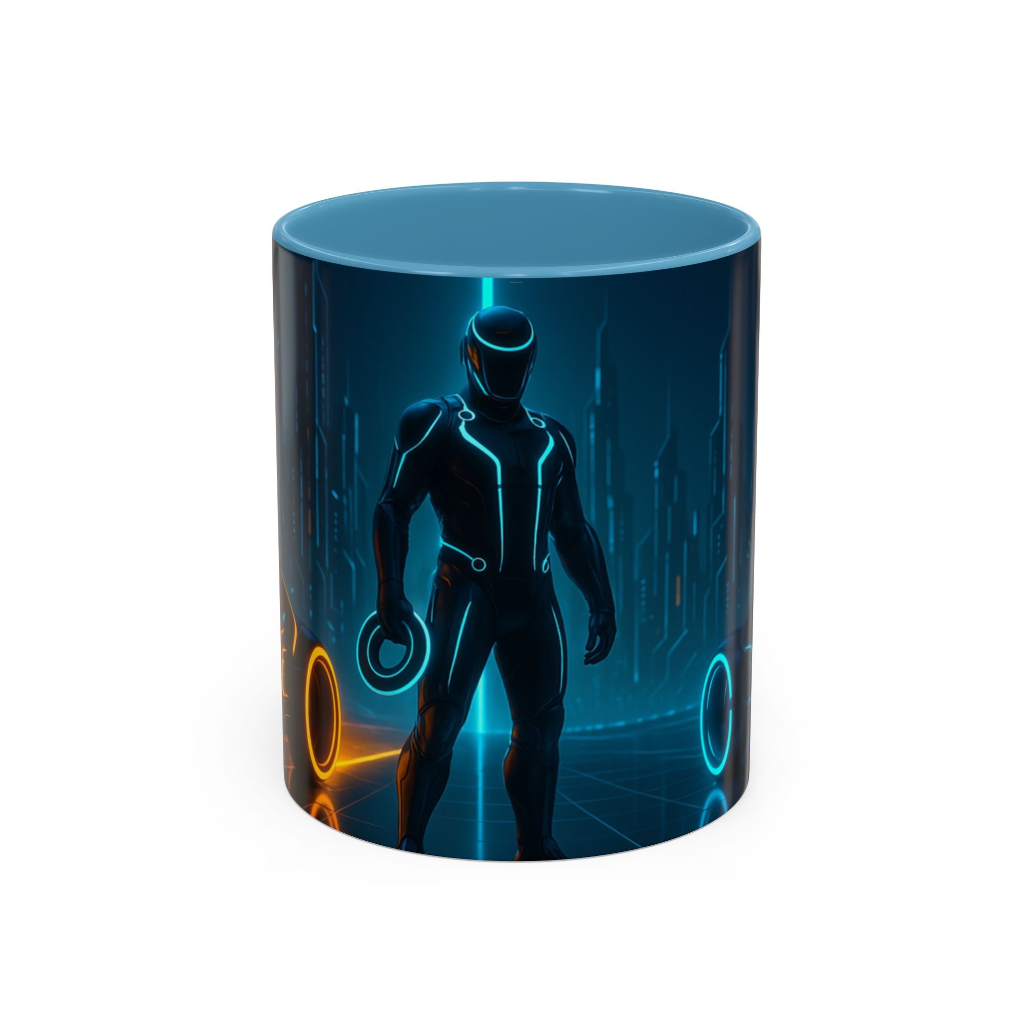 Mug with a futuristic design of a figure in a suit with glowing elements on a blue background.