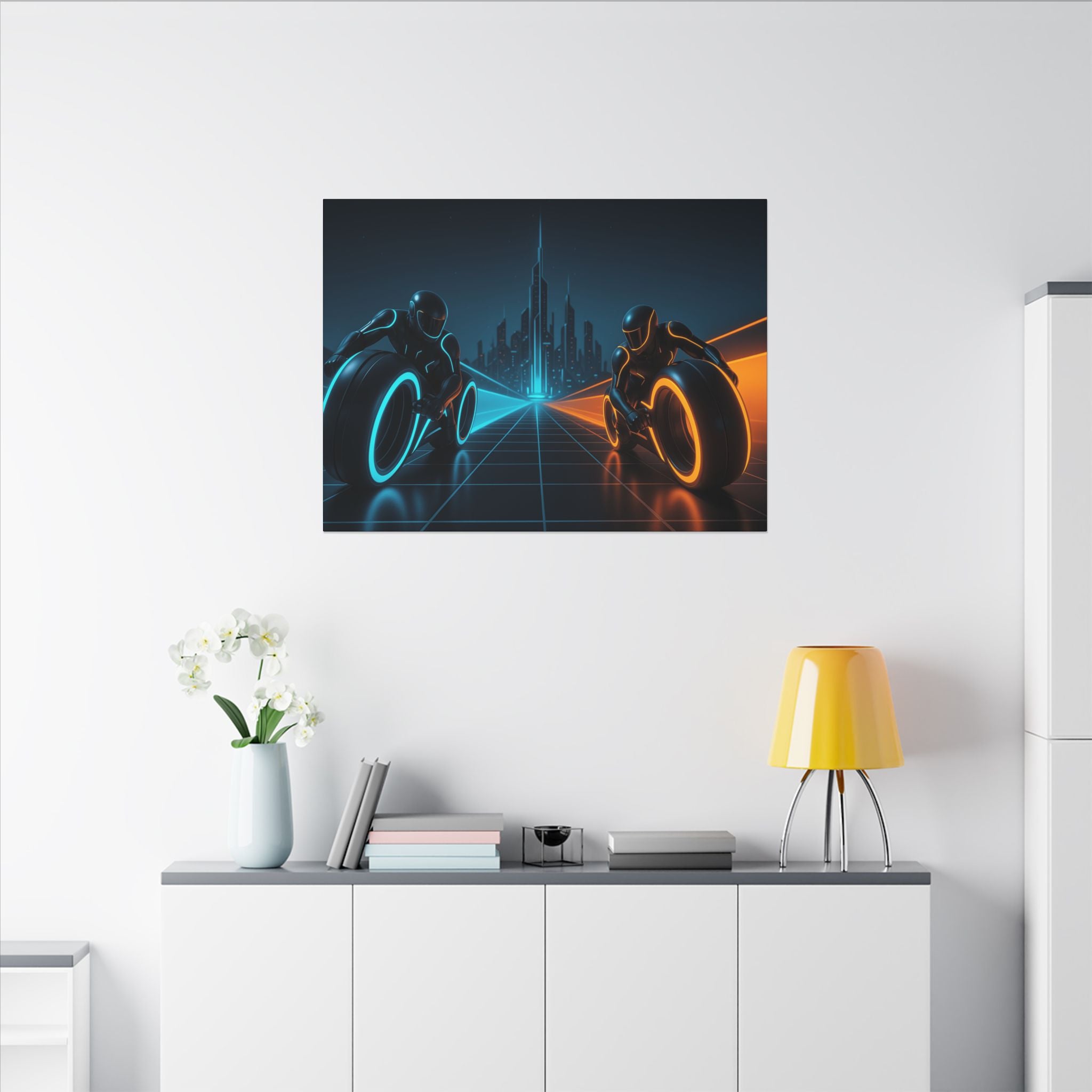 Futuristic artwork of two figures on hoverboards against a cityscape on a white wall.