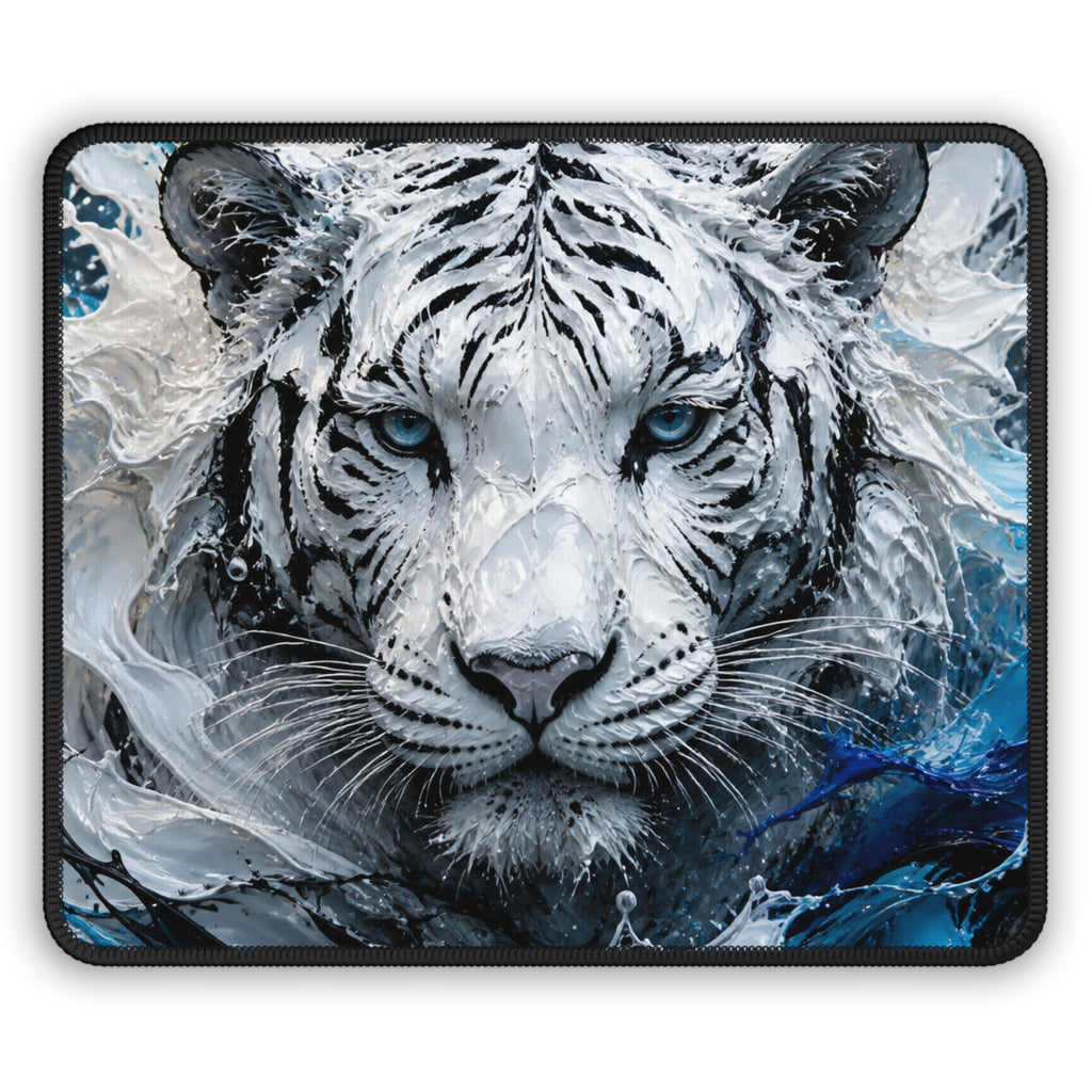 White tiger mouse pad featuring a close-up tiger face with blue eyes surrounded by white, black, and blue splash artwork.
