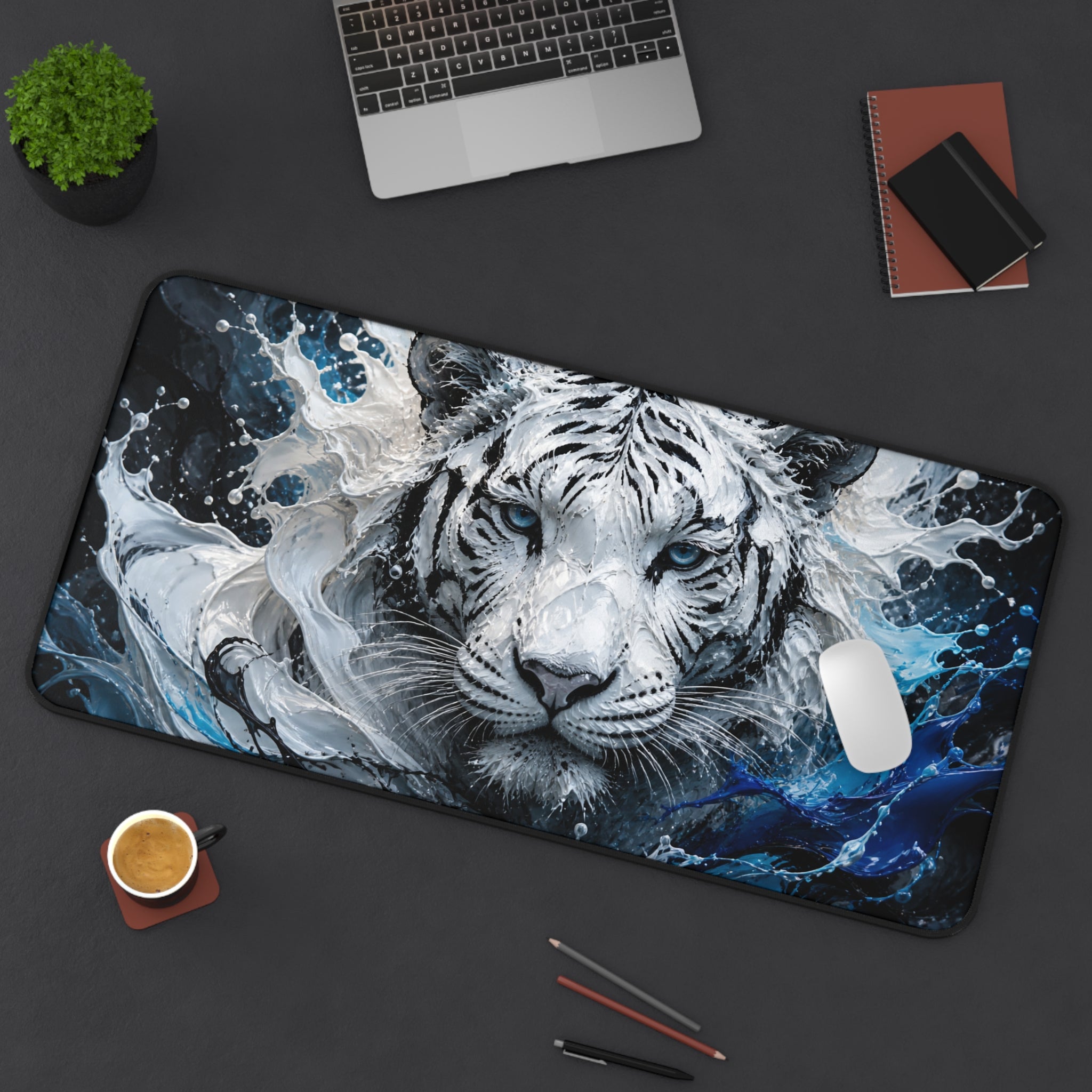 White Tiger Wave Desk Mat — Large Gaming Mousepad with Blue Water Art